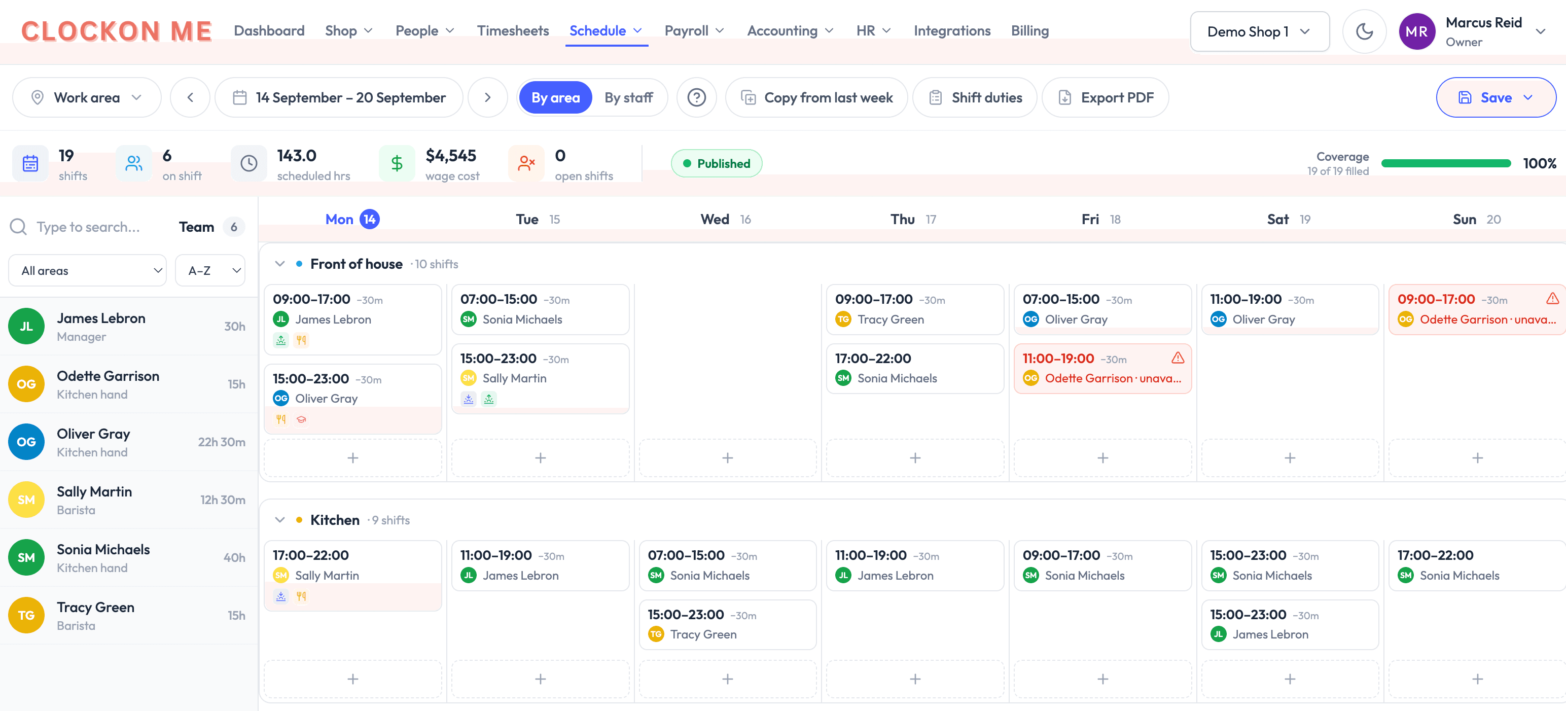 Clockon Me weekly roster with wage cost