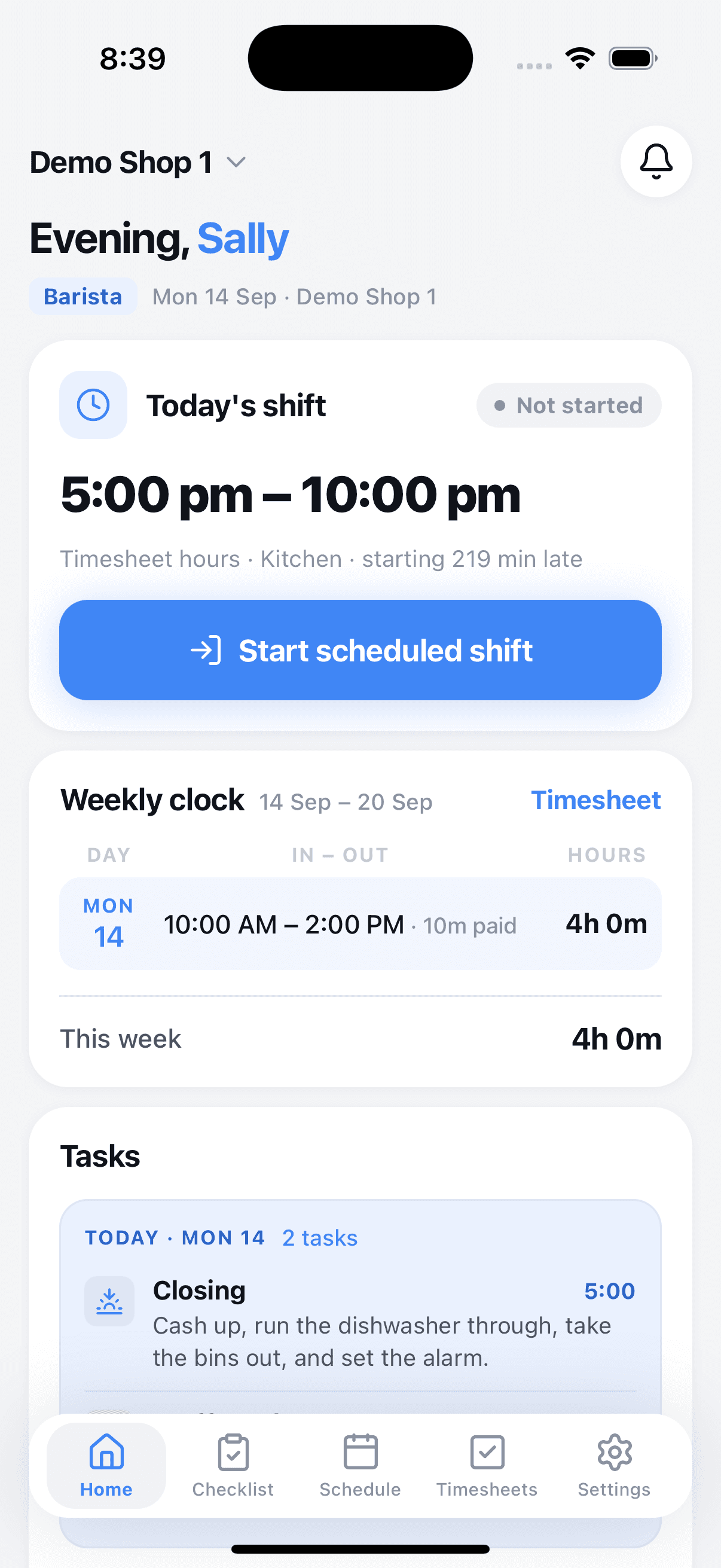 The Clockon Me employee app, ready to clock in